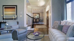 Photo of the Autumn Wood (Lot 1) Winthrop Model Home Living Room looking into the Foyer and Dining Room. Some optional features shown.